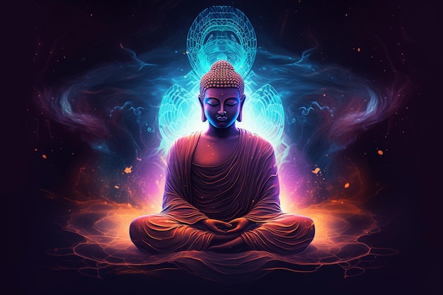 Buda sentado en posición de meditación con ojos brillantes y ai generativo de cuerpo brillante