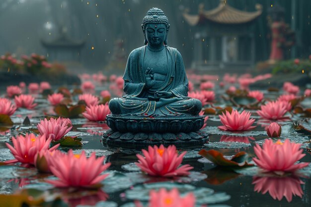 Buda se sentó en una flor de loto flotando en la superficie del agua