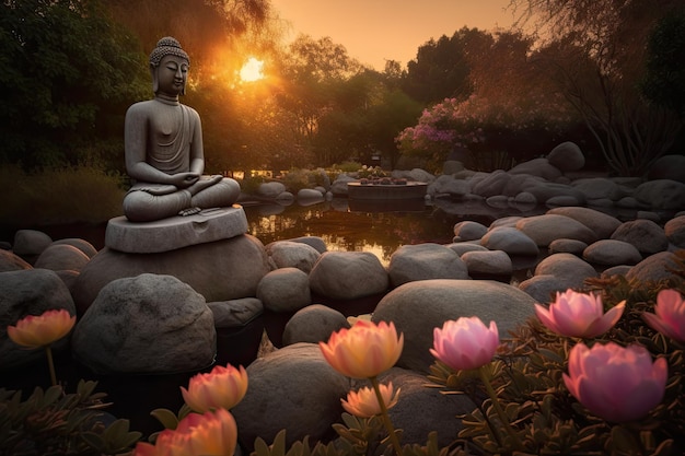 Buda sereno no jardim de pedras ao amanhecer IA generativa