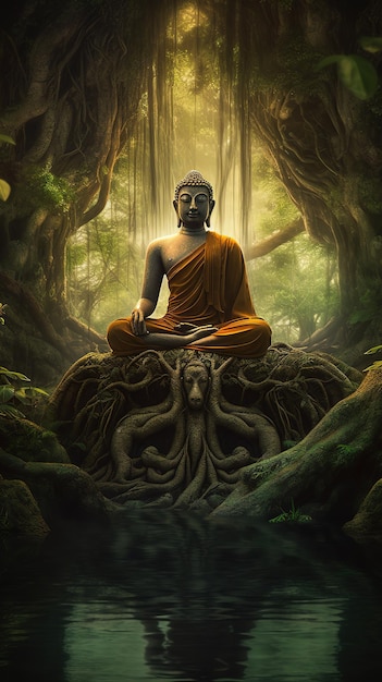 Un buda se sienta en un árbol con la palabra buda en él.