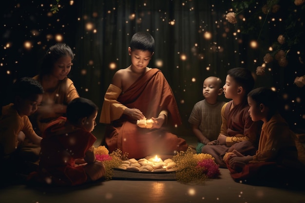 Un buda se sienta en el jardín con una flor de loto y velas Fondo para la celebración del festival vesak Día de Vesak