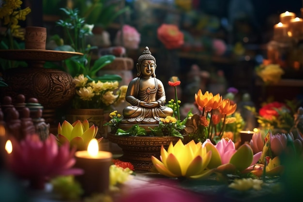 Un buda se sienta en el jardín con una flor de loto y velas Fondo para la celebración del festival vesak Día de Vesak