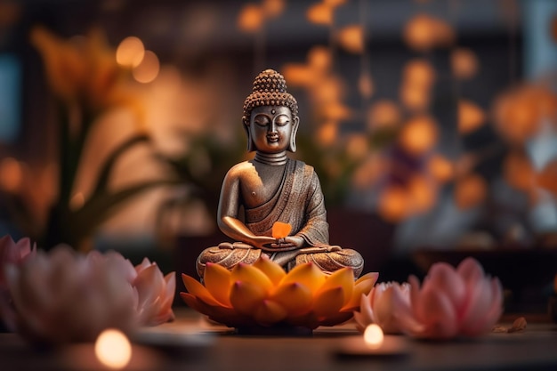 Un buda se sienta en el jardín con una flor de loto y velas Fondo para la celebración del festival vesak Día de Vesak