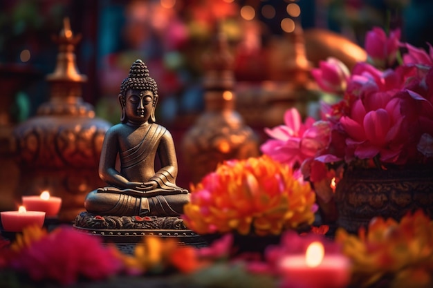 Un buda se sienta en el jardín con una flor de loto y velas Fondo para la celebración del festival vesak Día de Vesak