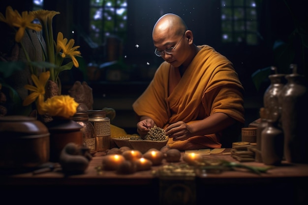 Un buda se sienta en el jardín con una flor de loto y velas Fondo para la celebración del festival vesak Día de Vesak