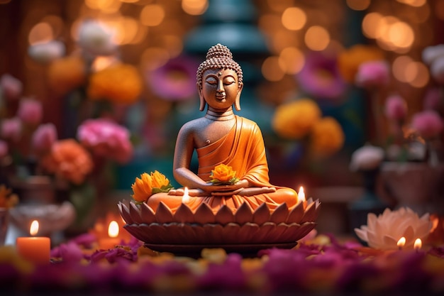 Un buda se sienta en el jardín con una flor de loto y velas Fondo para la celebración del festival vesak Día de Vesak