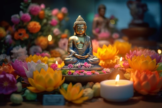 Un buda se sienta en el jardín con una flor de loto y velas Fondo para la celebración del festival vesak Día de Vesak