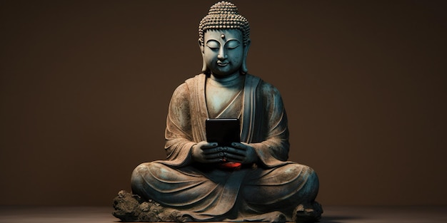 Buda con un teléfono inteligente, una combinación de serenidad antigua y conectividad moderna que nos recuerda que debemos encontrar el equilibrio en la era digital. IA IA generativa