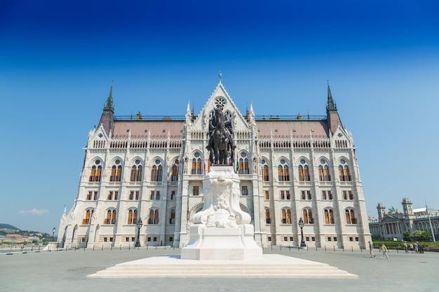 Budapest Ungarn Parlament außen mit Reiter zu Pferd