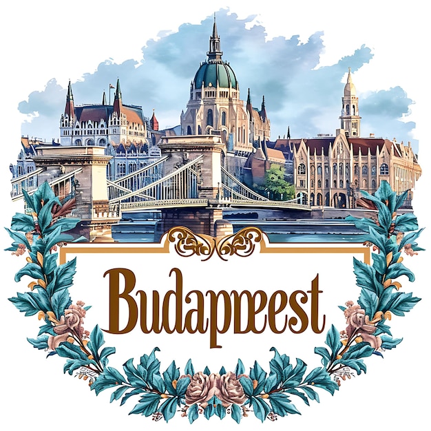 Budapester Text mit kräftigem und dekorativem Jugendstil-Typographen-Aquarell-Landschaftskunst-Sammlung