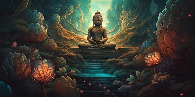 Budda sentado en posición de loto Ilustración digital surrealista