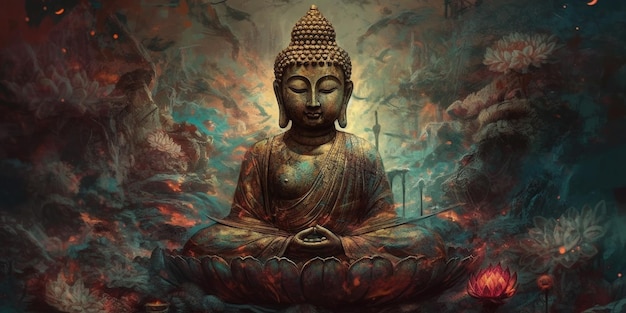 Budda sentado en posición de loto Ilustración digital surrealista