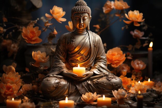 Buddha Bodhisattva und Lily Lantern Statue generative IA