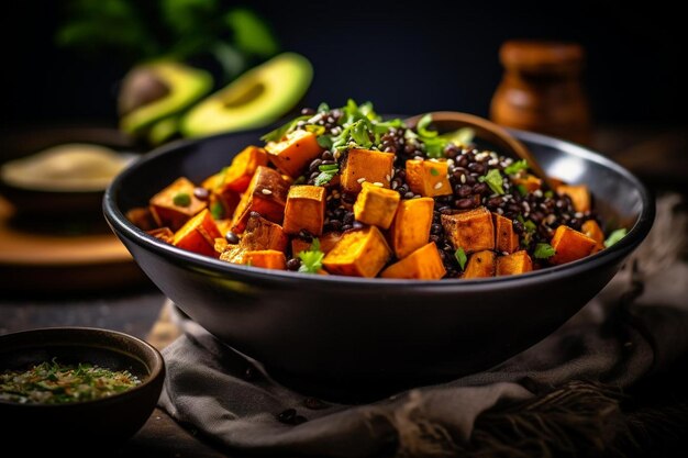 Buddha Bowl de batata doce e feijão preto com abacate