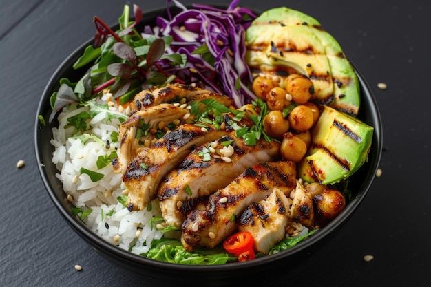 Buddha Bowl equilibrado com frango grelhado e grão-de-bico picante