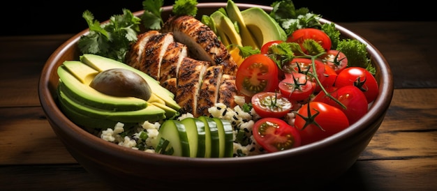 Buddha Bowl mit Hähnchen-Avocado-Tomaten und Quinoa