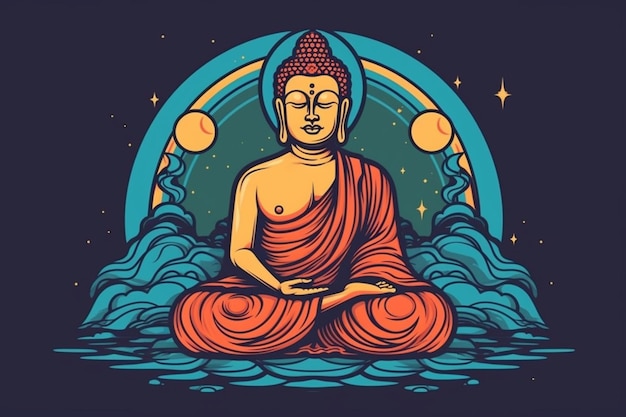 Buddha-Illustration mit dem Mond dahinter