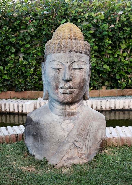 Buddha mit Moos darauf, Grün und Teich im Hintergrund