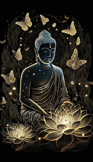 Buddha Purnima Vesak Day Ilustração de Buda com fundo de borboletas