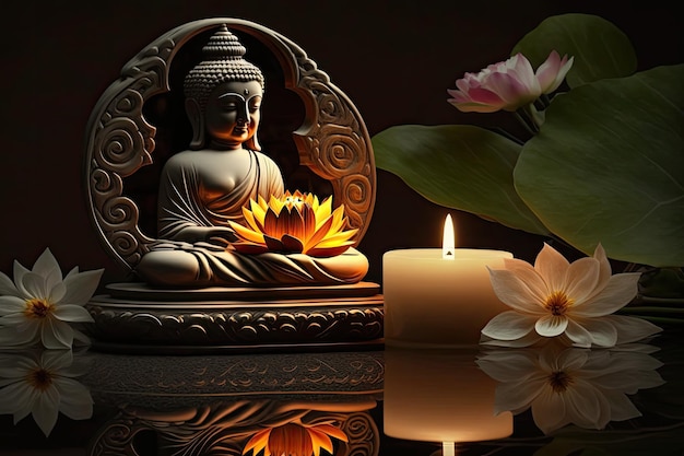 Buddha Purnima Vesak Day Statue von Buddha mit Lotusblumen und Kerzen Hintergrund