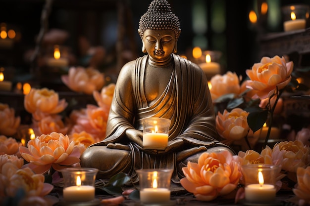 Buddha Purnima Vesak Tag Backdha Buddha Statue mit Lotusblume und Kerzenlicht generative IA
