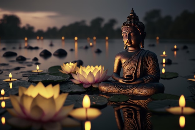 Buddha purnima Vesak Tag Hintergrund Buddha-Statue mit Lotusblüte und Kerzenlichtseite am Fluss