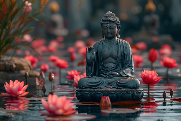 Foto buddha saß in einer lotusblume, die auf der wasseroberfläche schwebte.