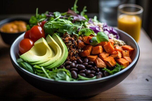 Buddha-Schüssel mit Süßkartoffel und schwarzer Bohne mit Avocado