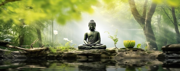 Buddha-Statue am Ufer eines Sees im Bambuswald