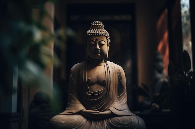 Buddha-Statue auf Holzoberfläche in einem schattigen Raum, die mit generativer KI-Technologie erstellt wurde