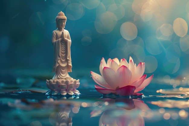 Buddha-Statue auf Lotus in blauem Bokeh-Hintergrund