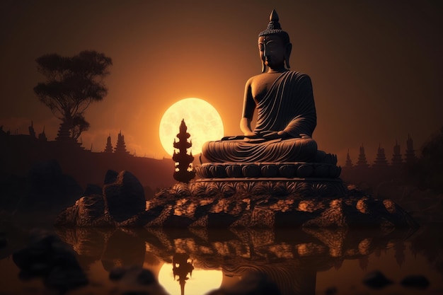 Buddha-Statue auf Sonnenunterganghintergrund Buddha purnima Vesak-Tag Generative ai