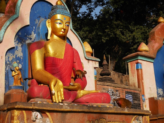 Buddha-Statue im nepalesischen Stil in der Swayambhunath-Pagode Chedi oder Swoyambhu-Stupa oder Affentempel für nepalesische Menschen, die ausländische Reisende besuchen, die am 2. Dezember 2017 in Kathmandu, Nepal, Respekt beten
