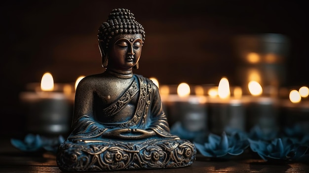 Buddha-Statue im Spiegelbild mit Lotusblume und brennenden Kerzen. Kreative Ressource KI generiert