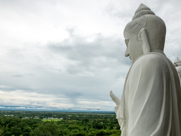 Buddha-Statue im thailändischen Tempel über dem Himmel und Wald