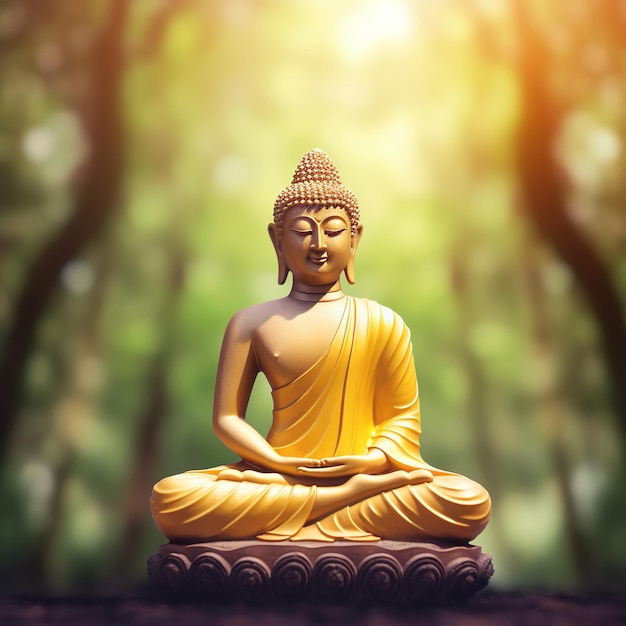 Buddha-Statue im Wald, auf die die Sonne scheint