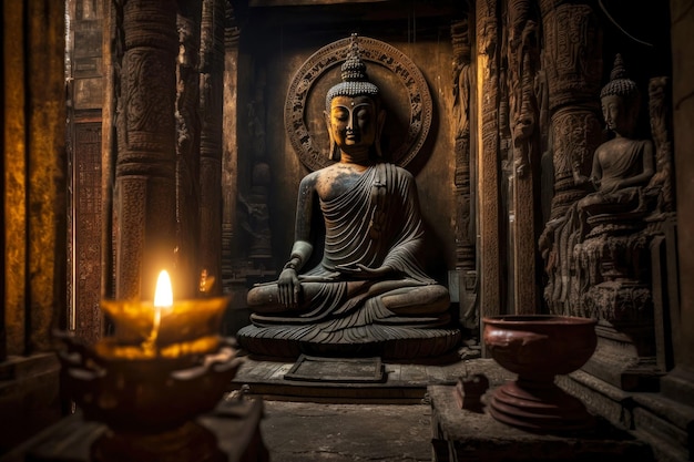 Buddha-Statue in der Halle des buddhistischen alten Tempels, umgeben von religiösen Relikten, die mit Generativen geschaffen wurden