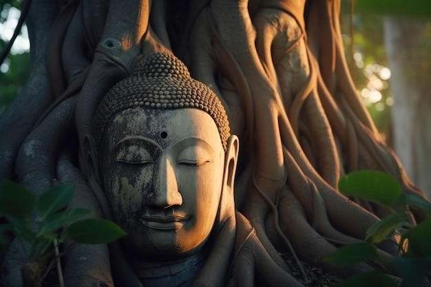Buddha-Statue in einem Baum mit Wurzeln