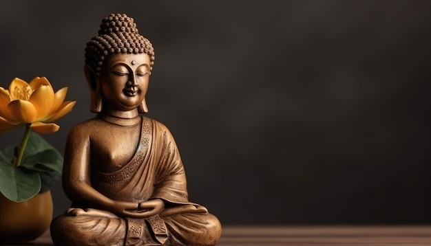 Buddha-Statue in Meditation mit Lotusblüte auf hellem Hintergrund mit Kopierraum für Text