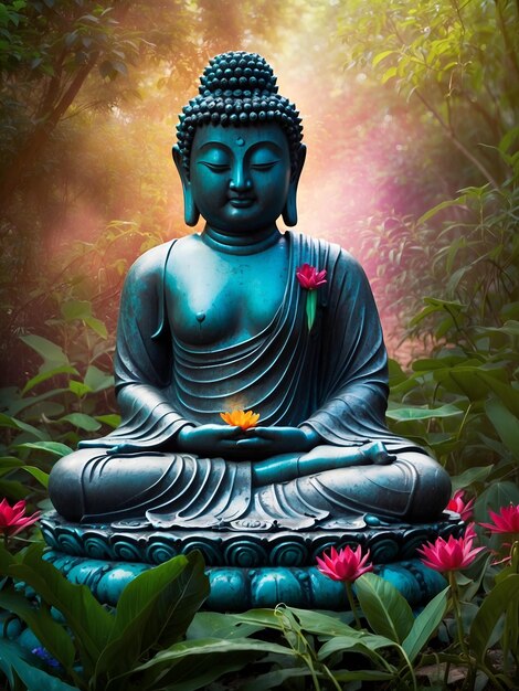 Buddha-Statue mit bunten Blumen