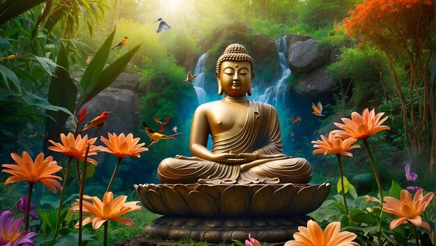 Buddha-Statue mit bunten Blumen