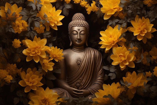 Buddha-Statue mit gelben Blumen auf schwarzem Hintergrund