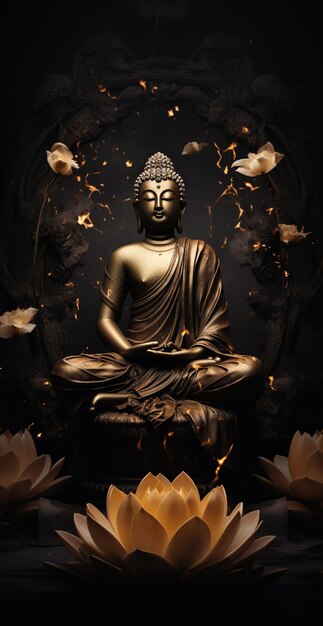 Buddha-Statue mit Lotusblüten vor dunklem Hintergrund, generative KI