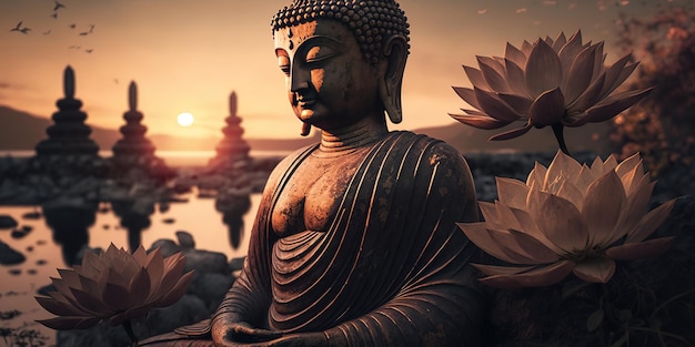 Foto buddha-statue mit lotusblumen auf sonnenuntergangshintergrund