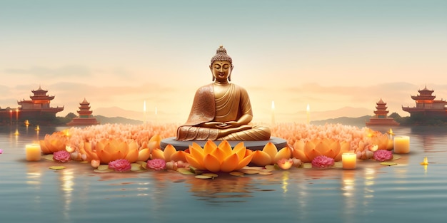 Buddha-Statue mit Lotusblumen und Kerzen