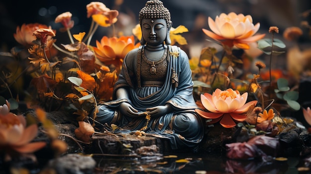 Foto buddha-statue mit lotusblumenhintergrund generative ki