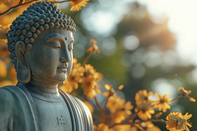 Buddha-Statue mit verschwommenen Blumen, Himmel und Sonnenlicht