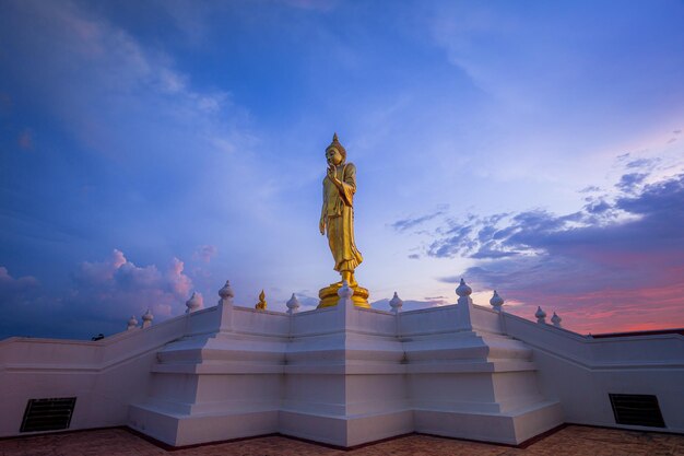 Buddha-Statue oder Buddha-Statue Stehende Buddha-Statue mit Sonnenlicht im Tempel Nong Pai Lom