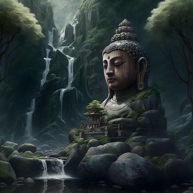 Buddha-Statue Sitzender Wasserfall Generative KI Buddhismus Religion Illustration Natur und Glaube Asiatisch Orientalische Lebensweise