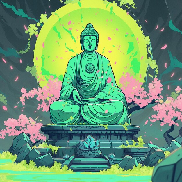 Foto buddha-statue sitzt auf einer plattform mit einer hellen sonne im hintergrund generative ai